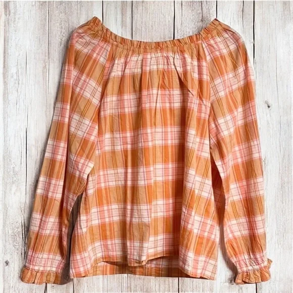 J. Crew Madras Plaid Ruffle Tie-Back 100% Cotton Orange Blouse Top ~ M ~ NWT - Picture 2 of 9